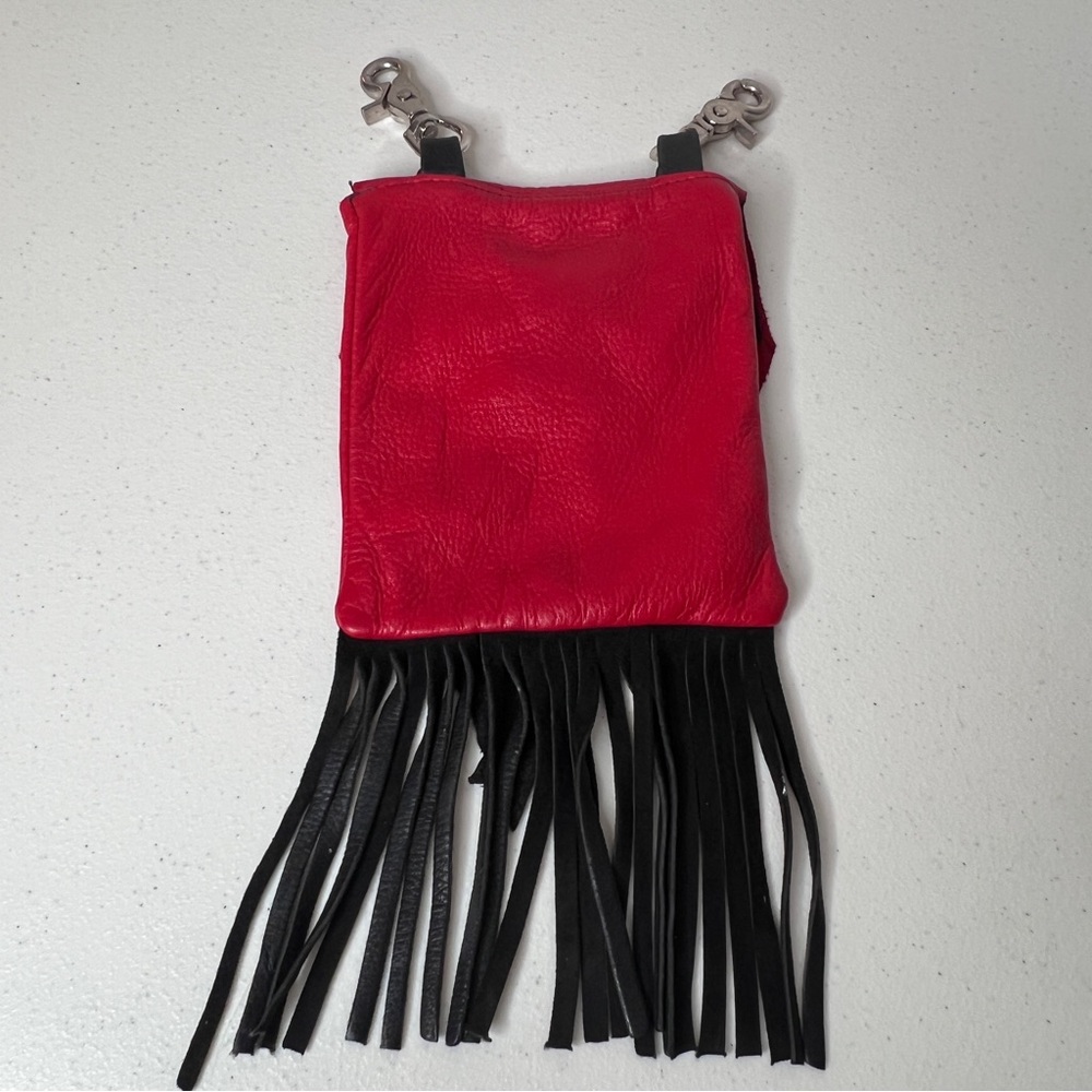 Red Black Raw EdgeLeather W/Fringe Hip Clip On Belt Bag Cell Phone Biker Chic - Picture 6 of 12